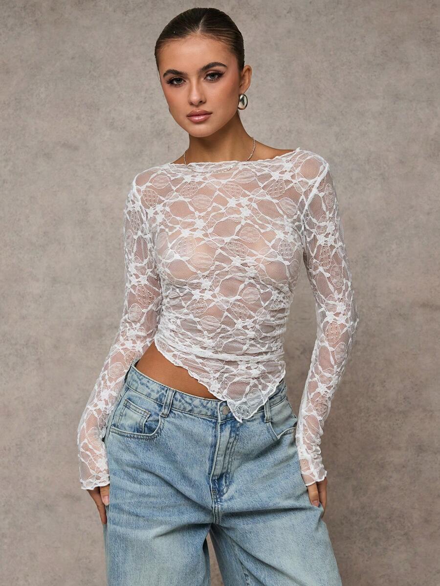 Short asymmetrical transparent mesh top with long sleeves for women