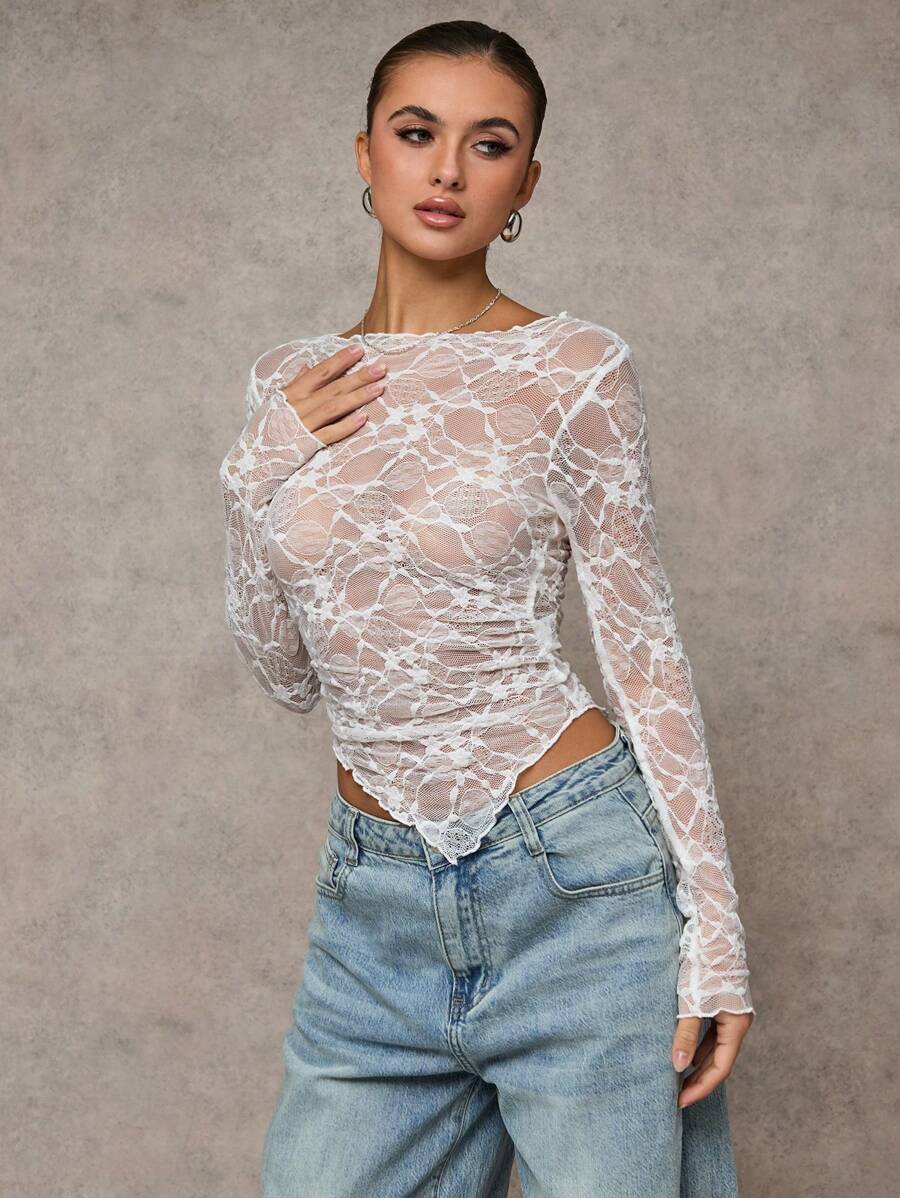 Short asymmetrical transparent mesh top with long sleeves for women