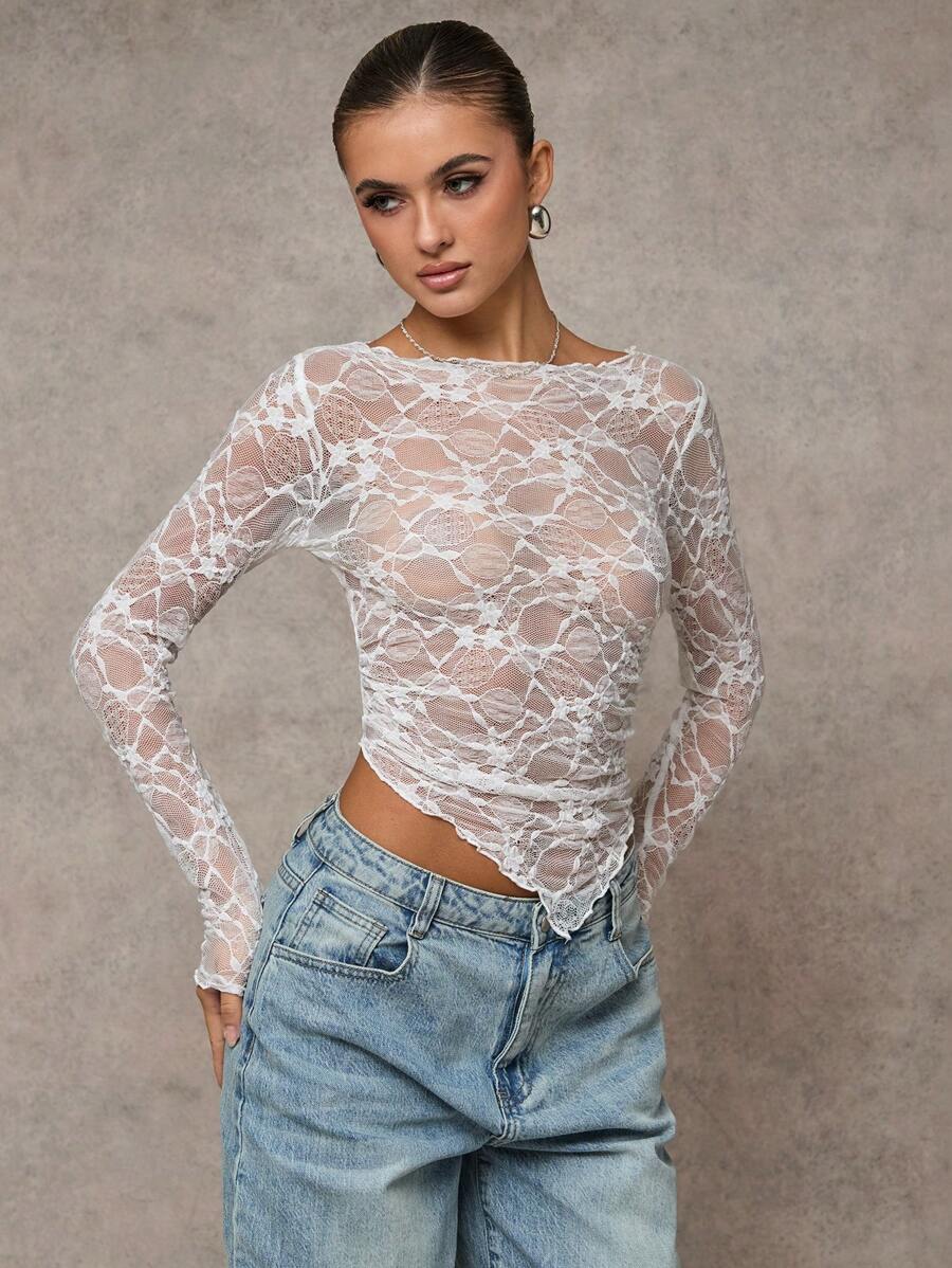 Short asymmetrical transparent mesh top with long sleeves for women