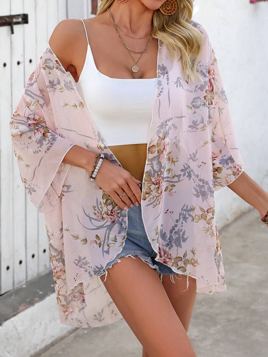 Batwing sleeve beach cover-ups with floral print for women