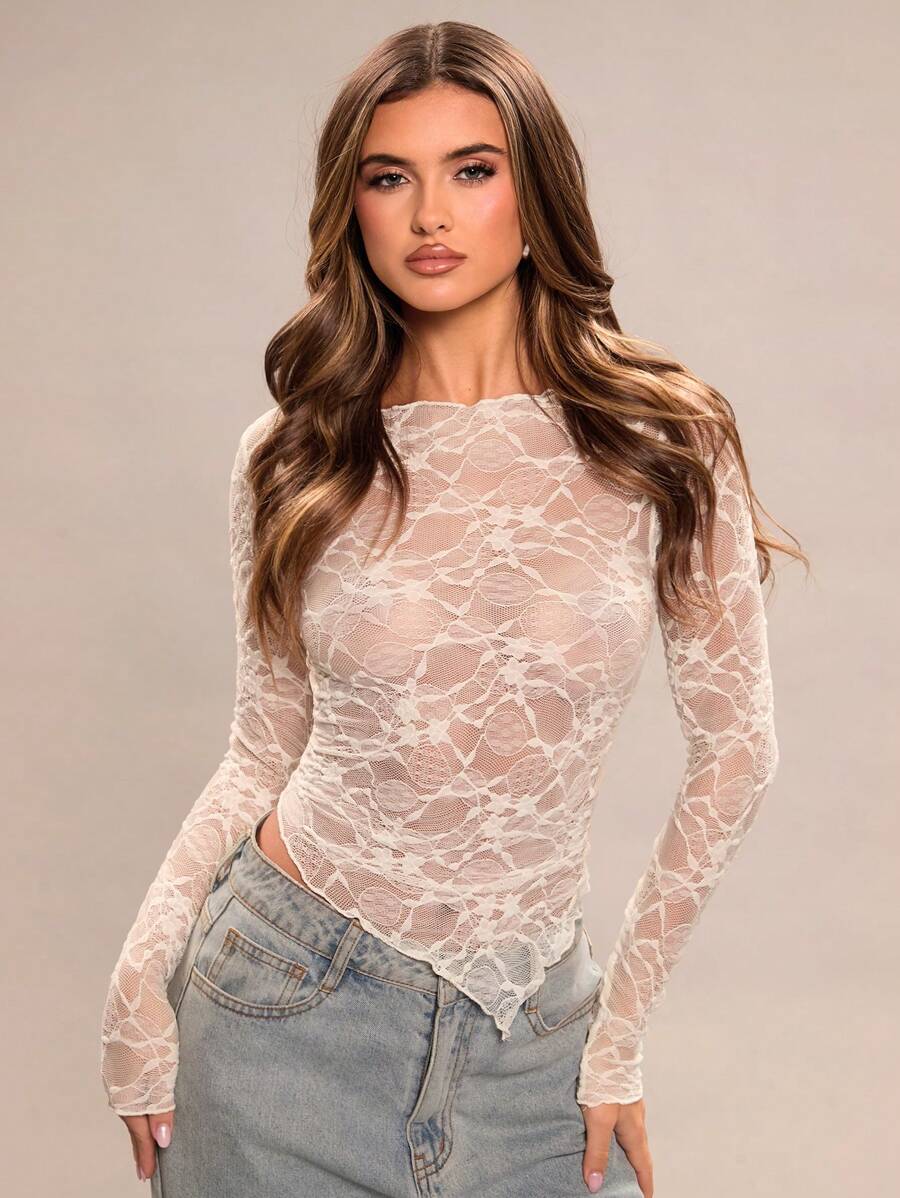 Short asymmetrical transparent mesh top with long sleeves for women