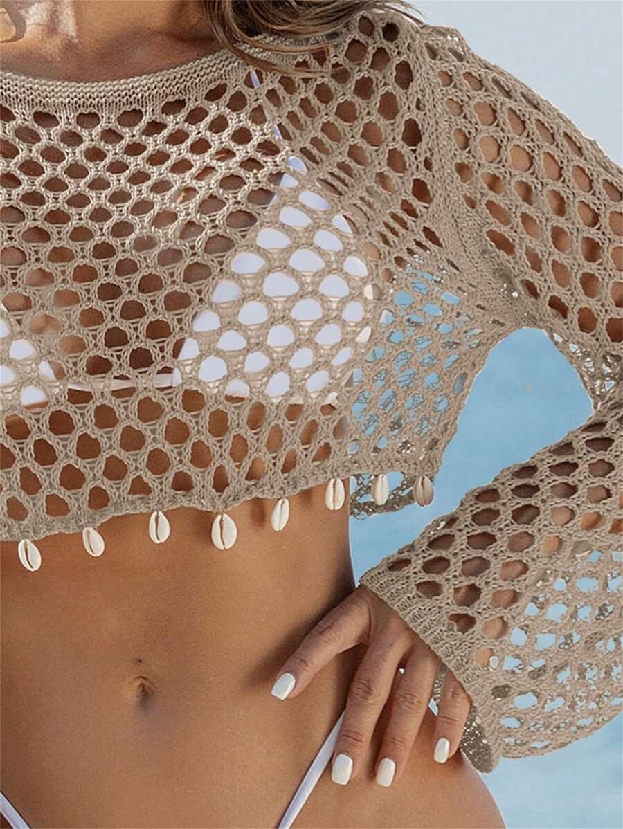 Knitted beach swimsuit covers adorned with shells for women