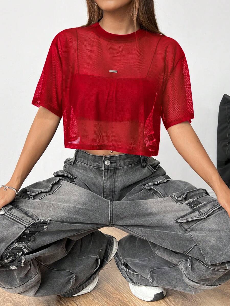 Loose transparent mesh top with short sleeves for women