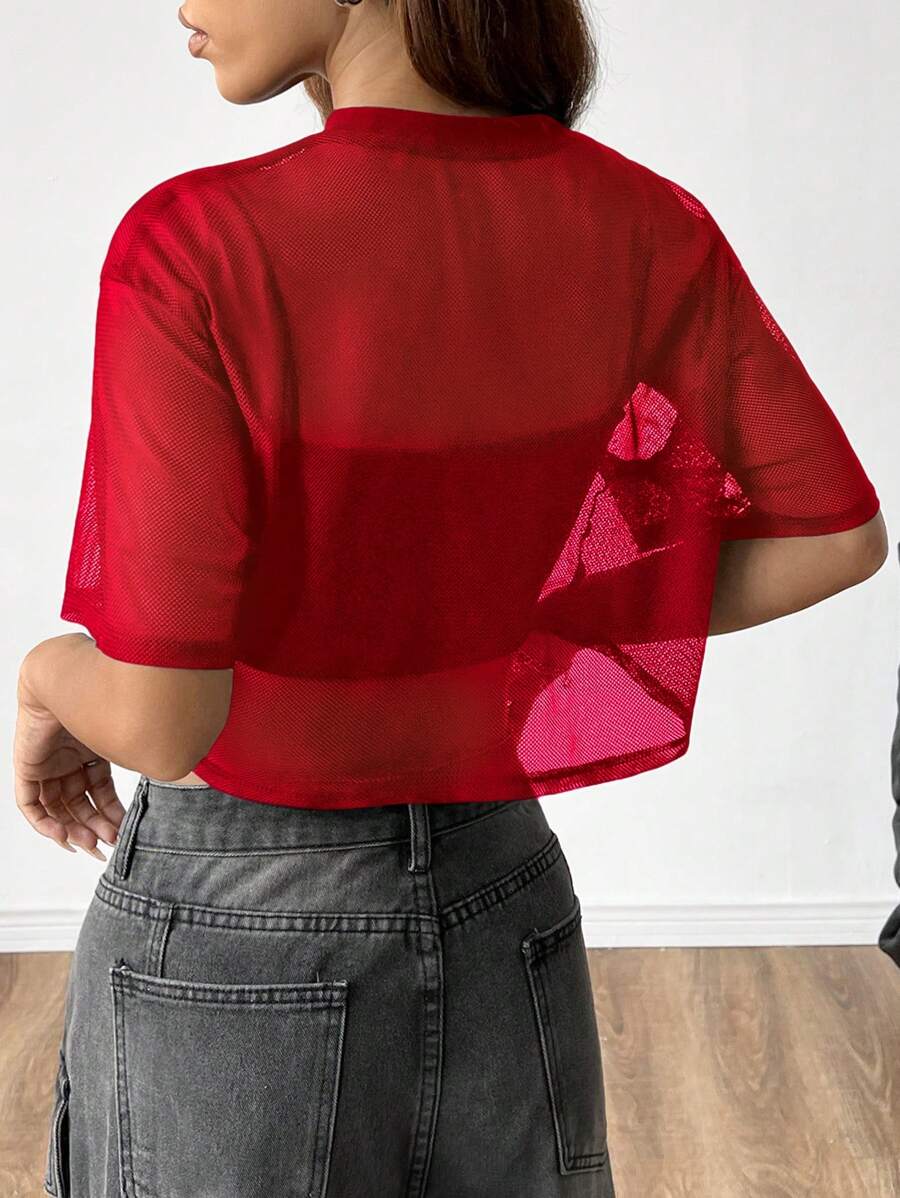 Loose transparent mesh top with short sleeves for women