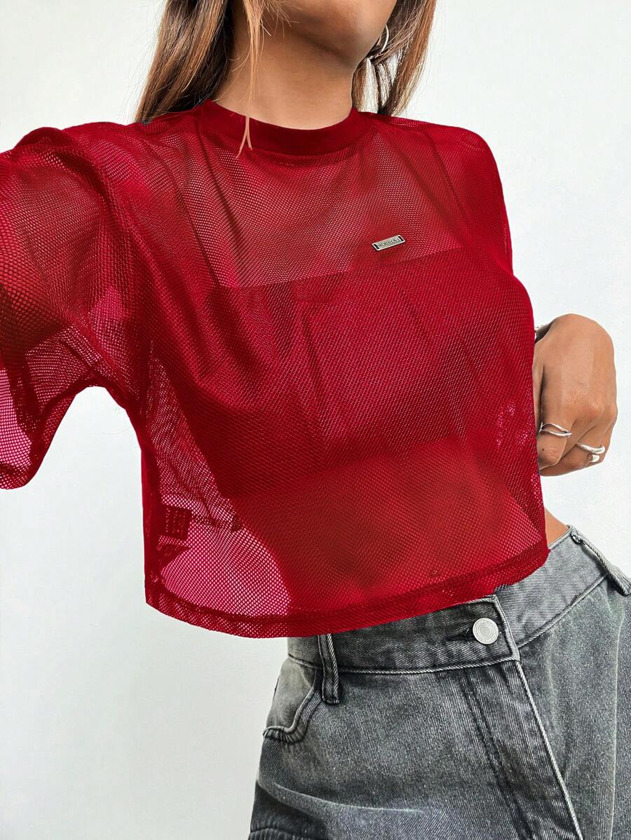 Loose transparent mesh top with short sleeves for women