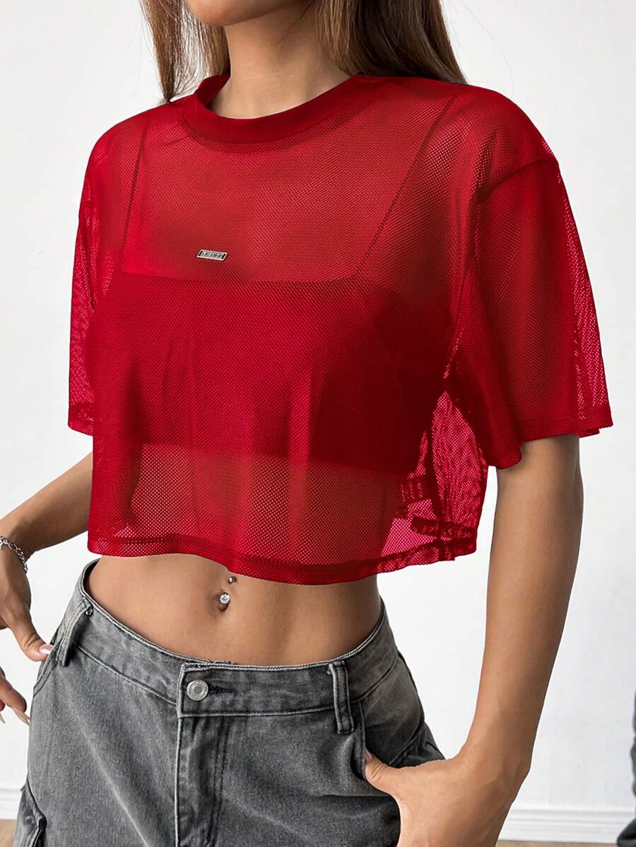 Loose transparent mesh top with short sleeves for women