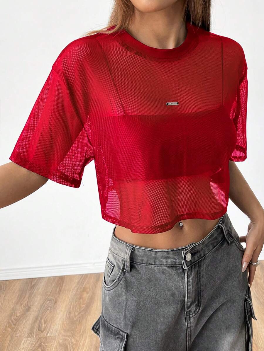 Loose transparent mesh top with short sleeves for women