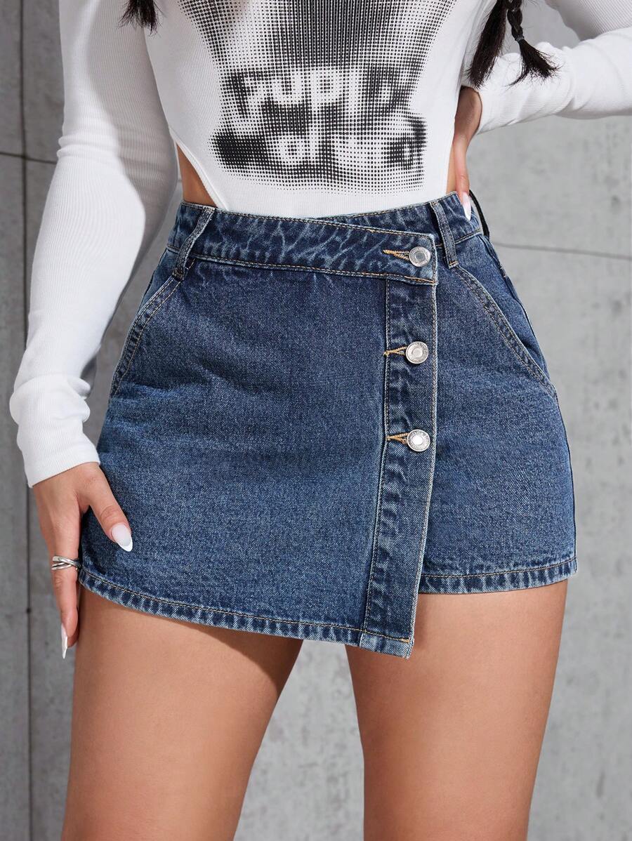 Mini-jupe en jean taille haute avec bouton sur le devant pour femme