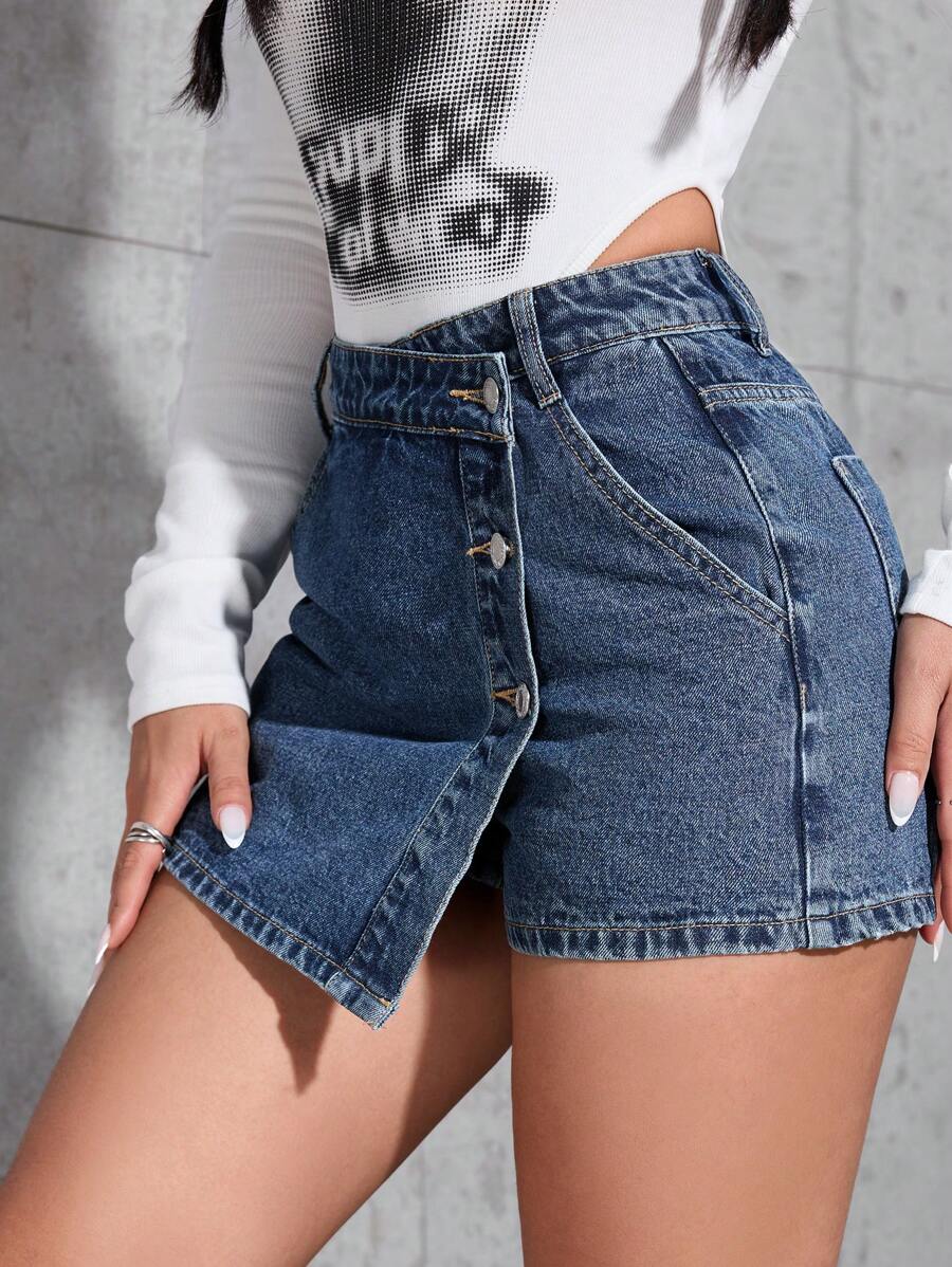 Mini-jupe en jean taille haute avec bouton sur le devant pour femme