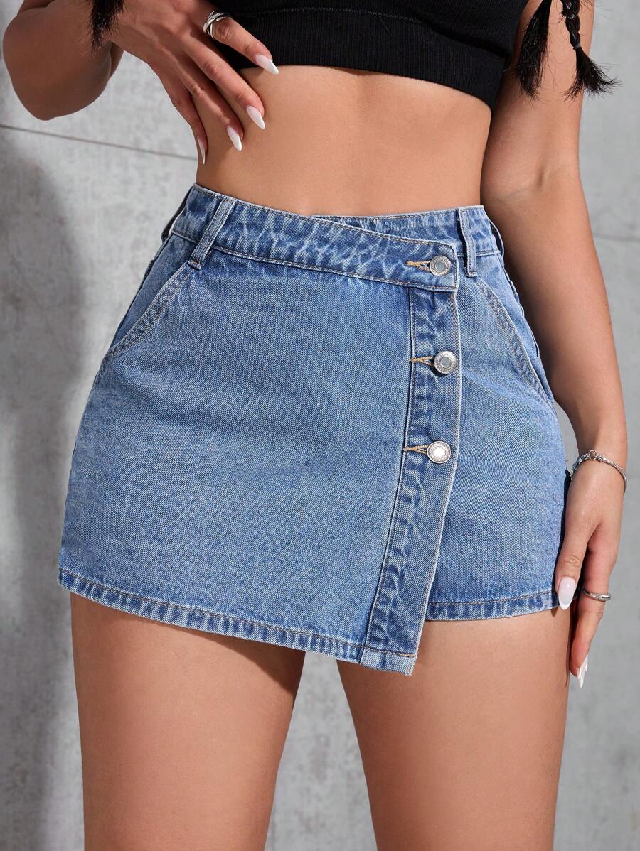 Mini-jupe en jean taille haute avec bouton sur le devant pour femme