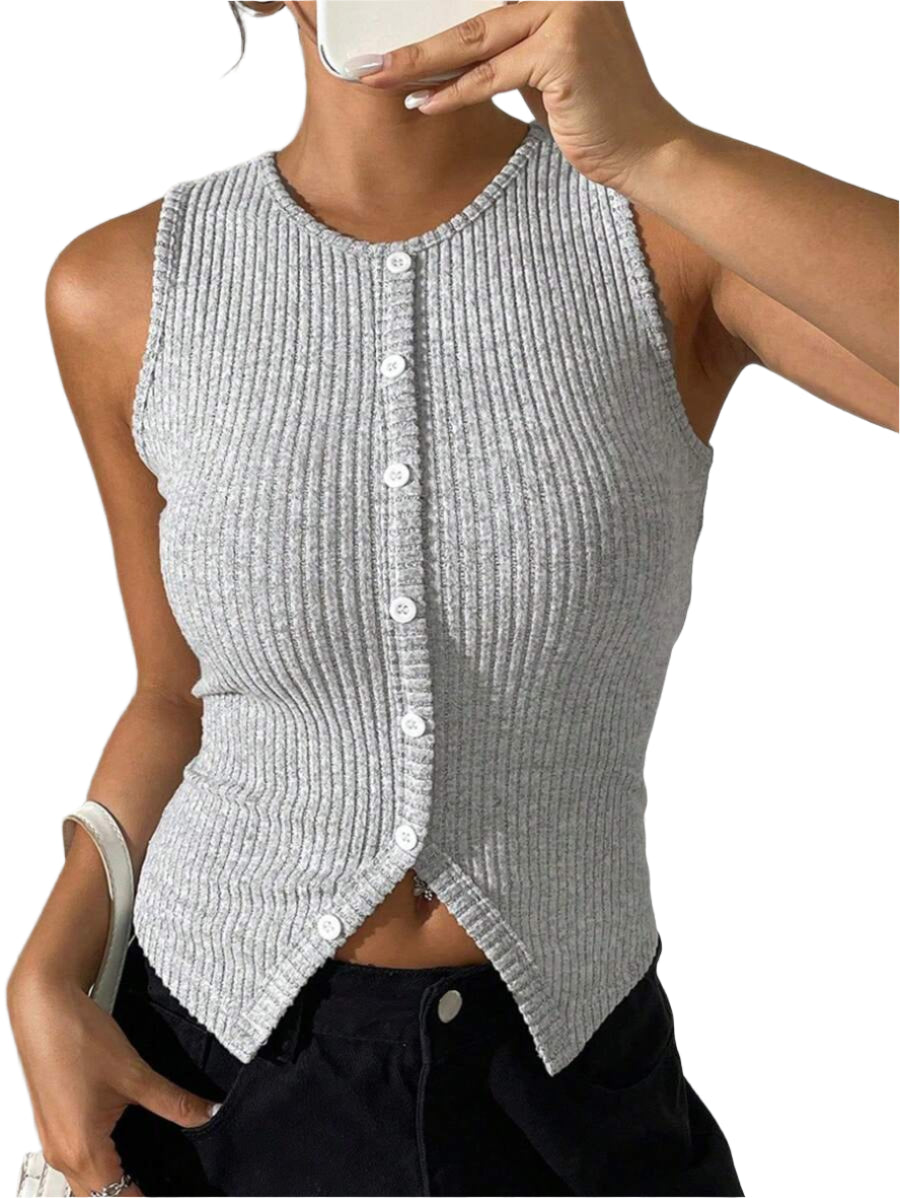 Ribbed knit tank top with split hem and buttons for women