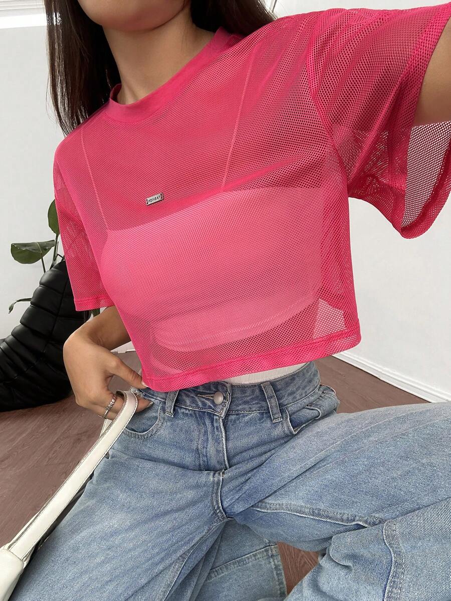 Loose transparent mesh top with short sleeves for women