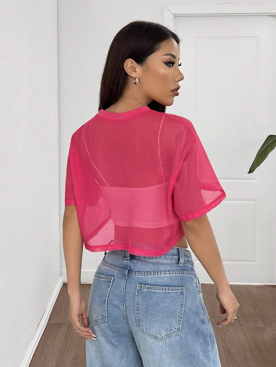 Loose transparent mesh top with short sleeves for women