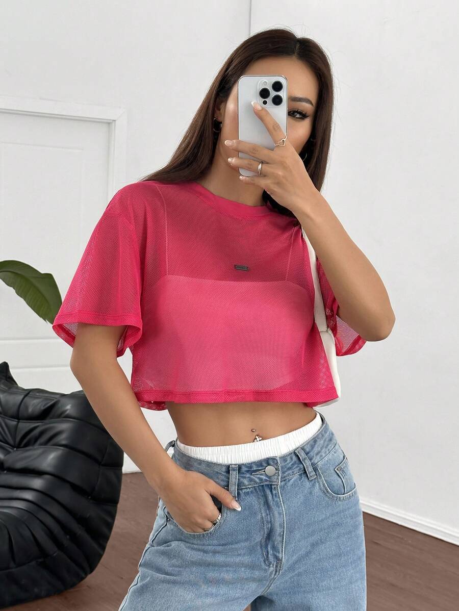 Loose transparent mesh top with short sleeves for women