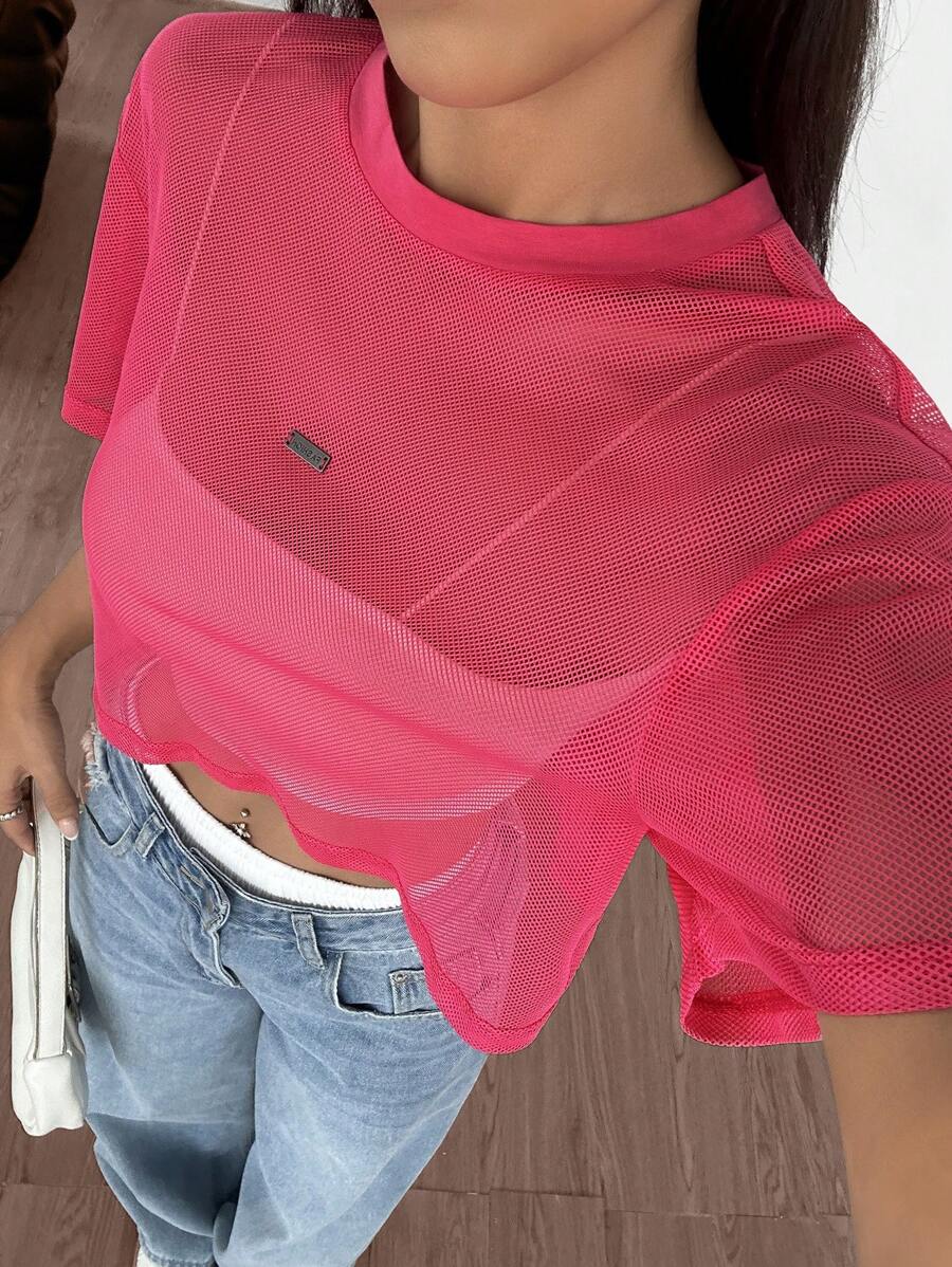 Loose transparent mesh top with short sleeves for women
