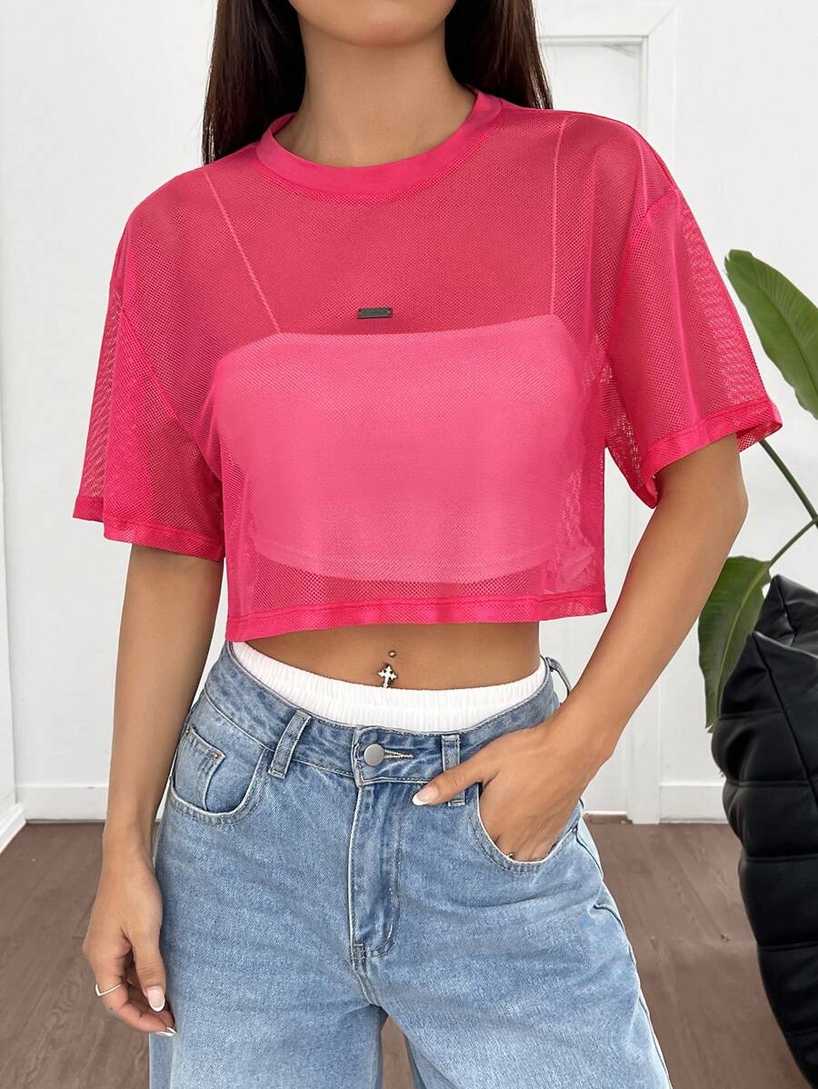 Loose transparent mesh top with short sleeves for women