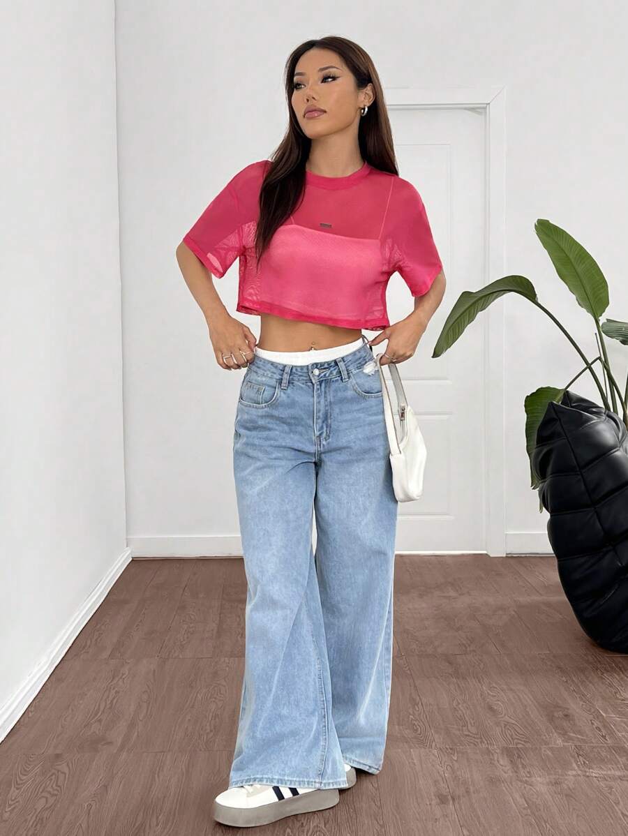 Loose transparent mesh top with short sleeves for women