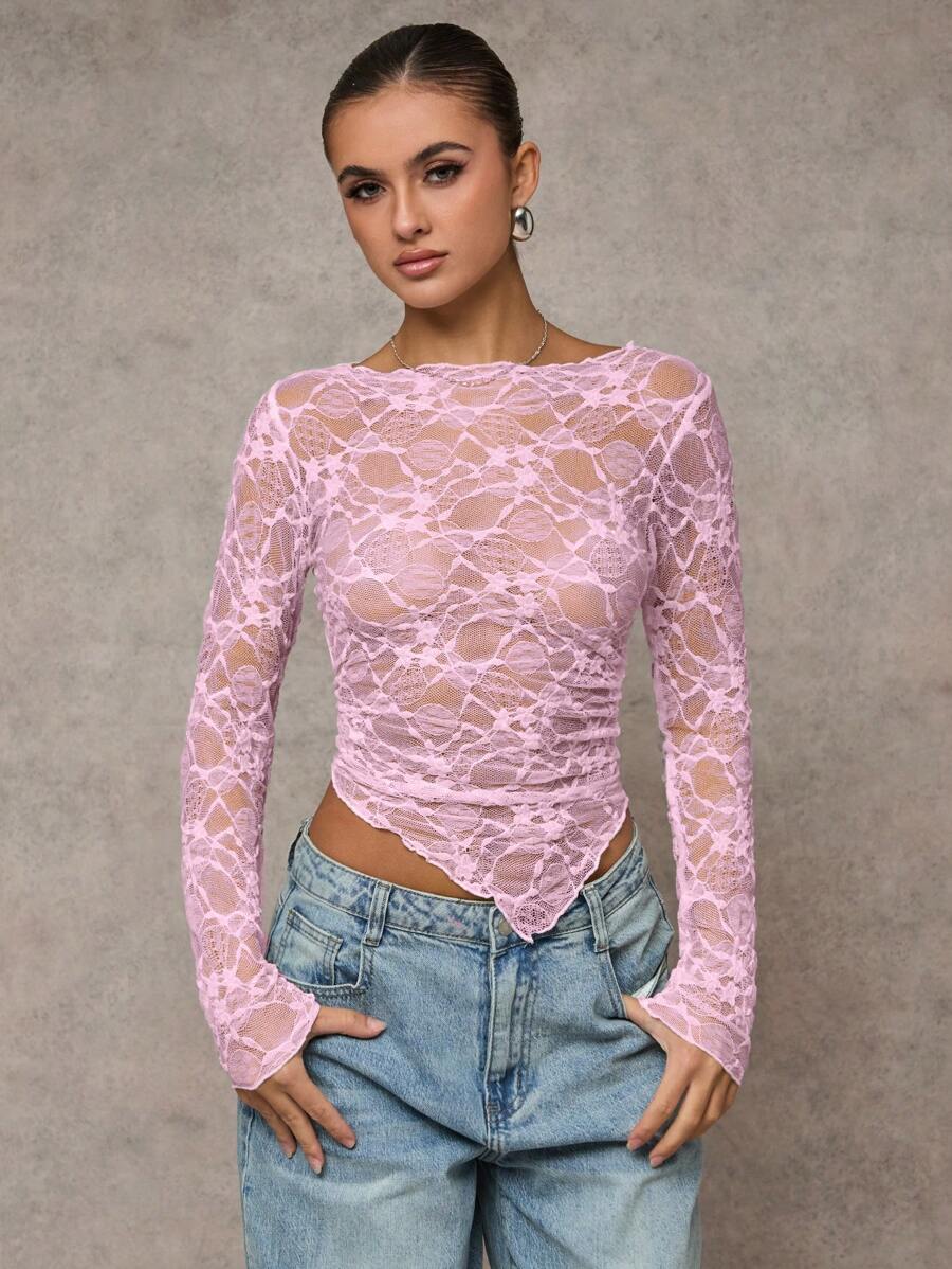 Short asymmetrical transparent mesh top with long sleeves for women