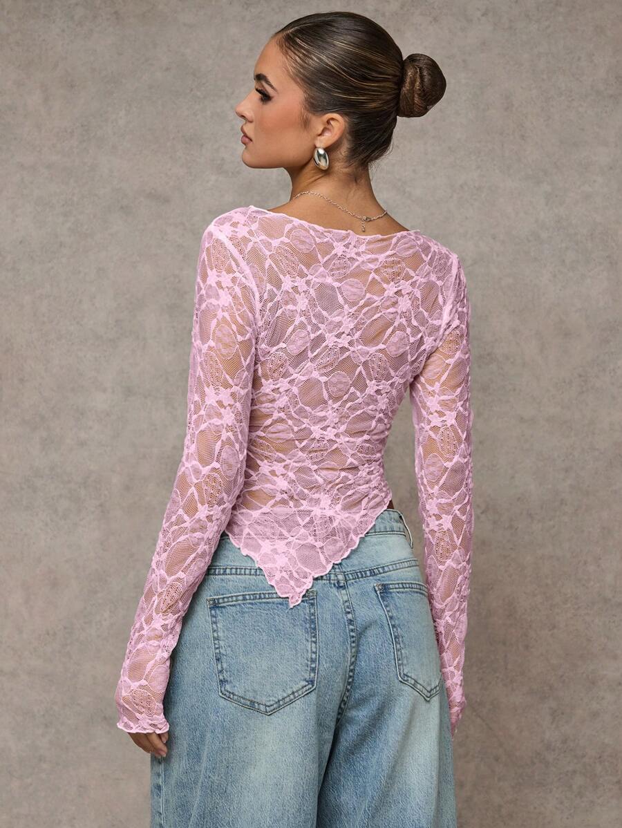 Short asymmetrical transparent mesh top with long sleeves for women