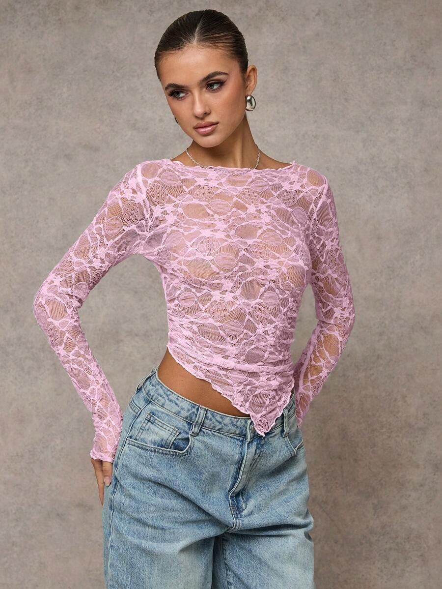 Short asymmetrical transparent mesh top with long sleeves for women