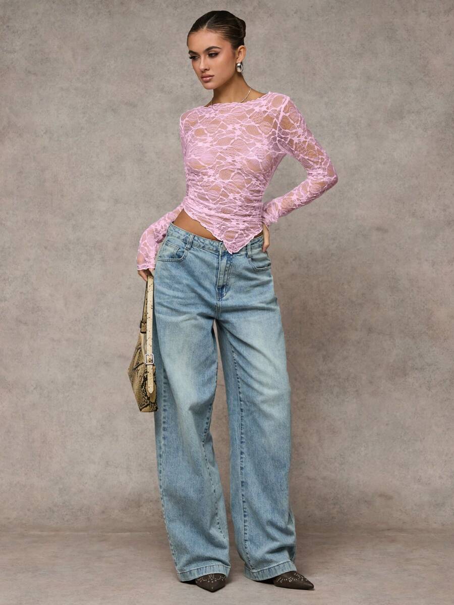 Short asymmetrical transparent mesh top with long sleeves for women