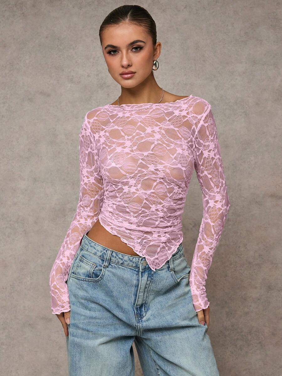 Short asymmetrical transparent mesh top with long sleeves for women