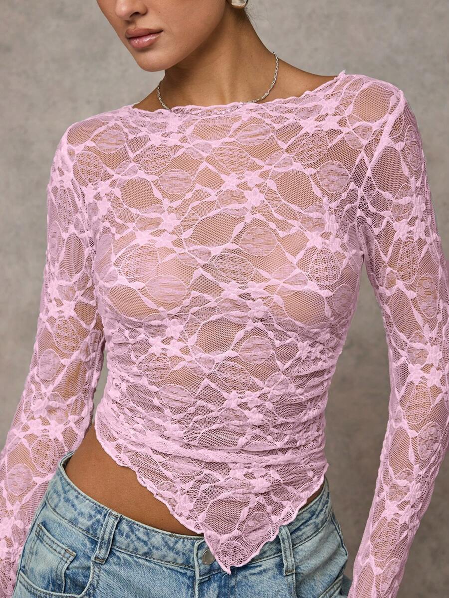 Short asymmetrical transparent mesh top with long sleeves for women