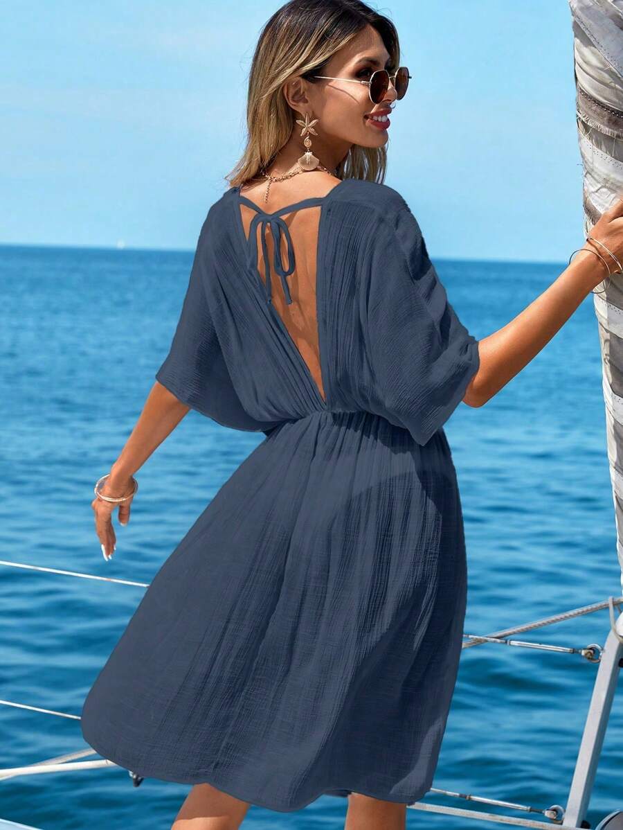 Deep V-neck beach cover-up with batwing sleeves