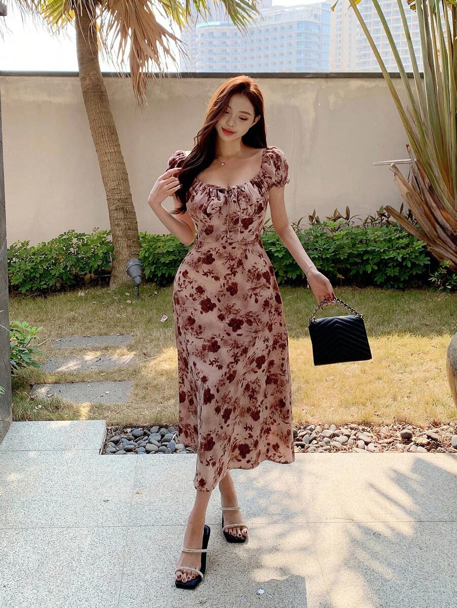 Midi floral wrap dress, milkmaid style, for women - Romantic and chic style