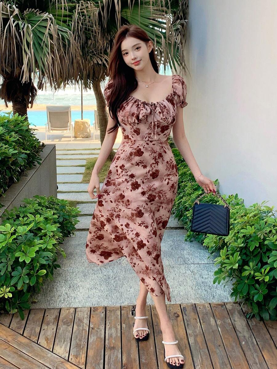 Midi floral wrap dress, milkmaid style, for women - Romantic and chic style