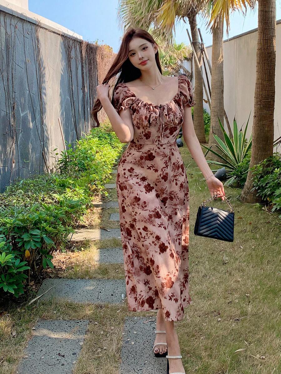 Midi floral wrap dress, milkmaid style, for women - Romantic and chic style