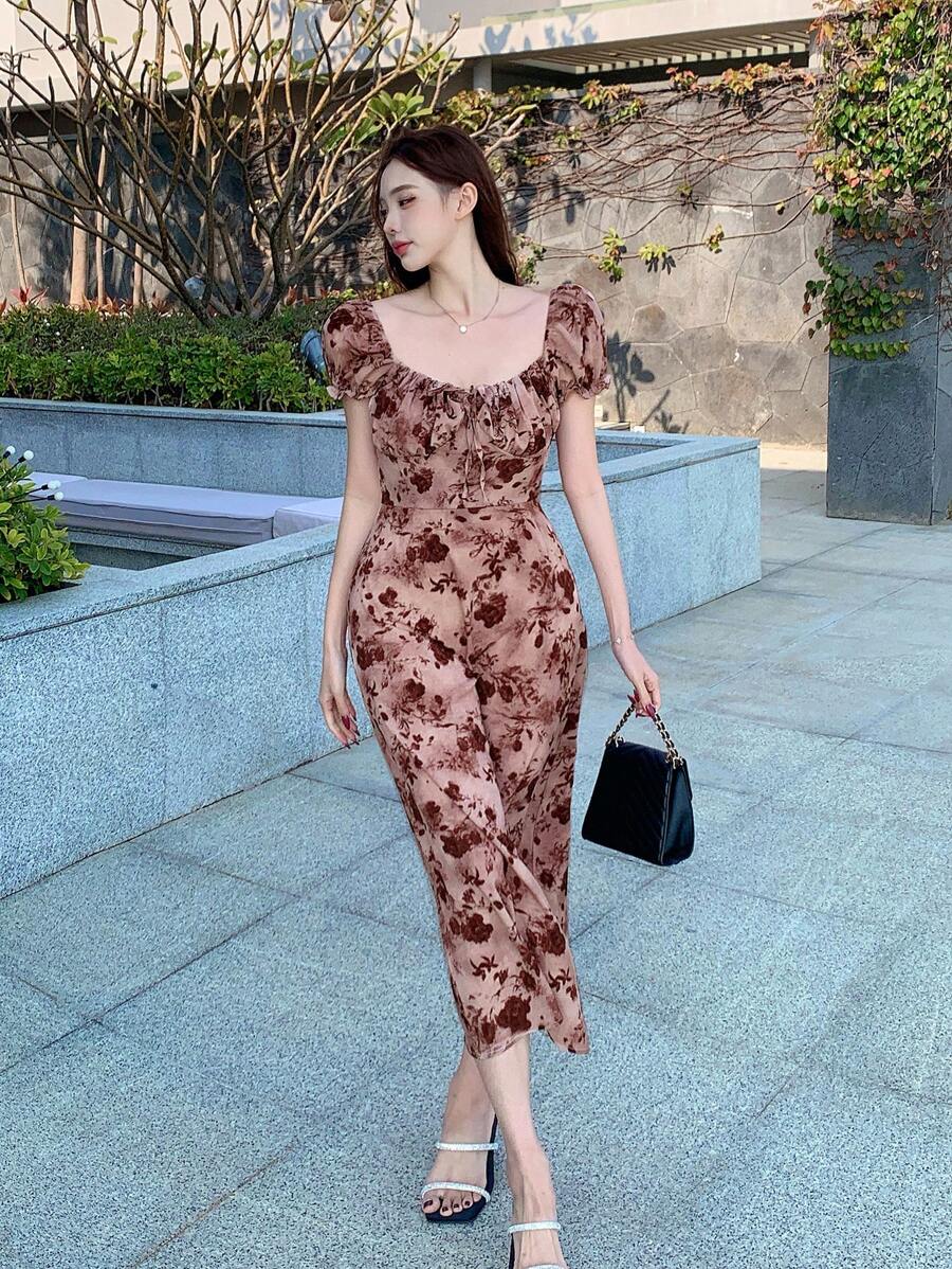 Midi floral wrap dress, milkmaid style, for women - Romantic and chic style