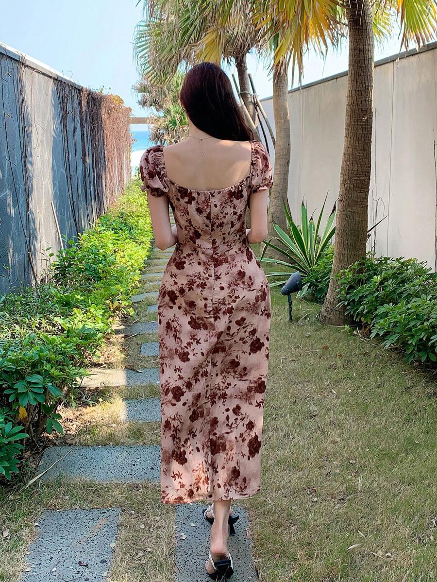 Midi floral wrap dress, milkmaid style, for women - Romantic and chic style