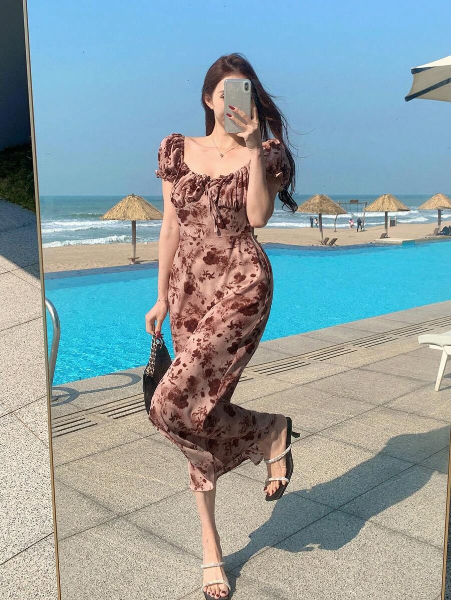 Midi floral wrap dress, milkmaid style, for women - Romantic and chic style