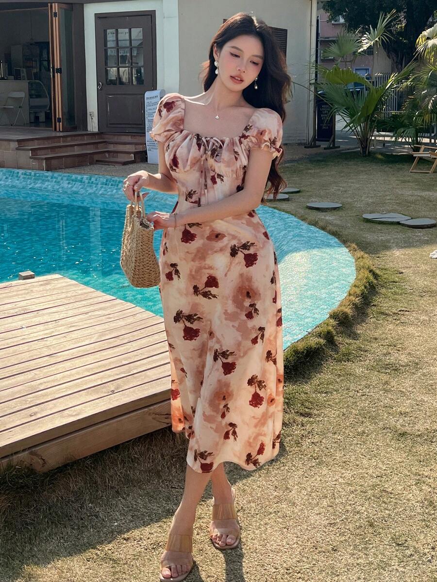 Midi floral wrap dress, milkmaid style, for women - Romantic and chic style
