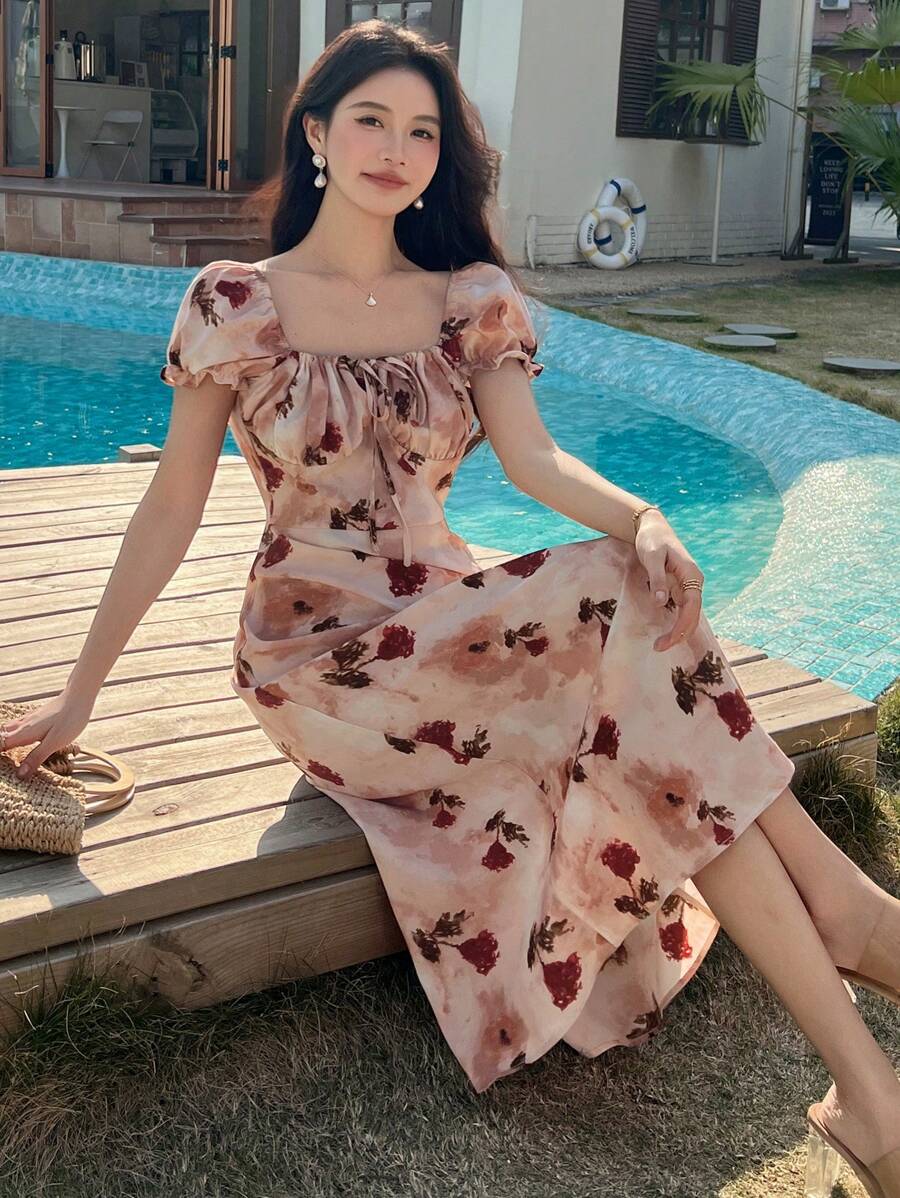 Midi floral wrap dress, milkmaid style, for women - Romantic and chic style