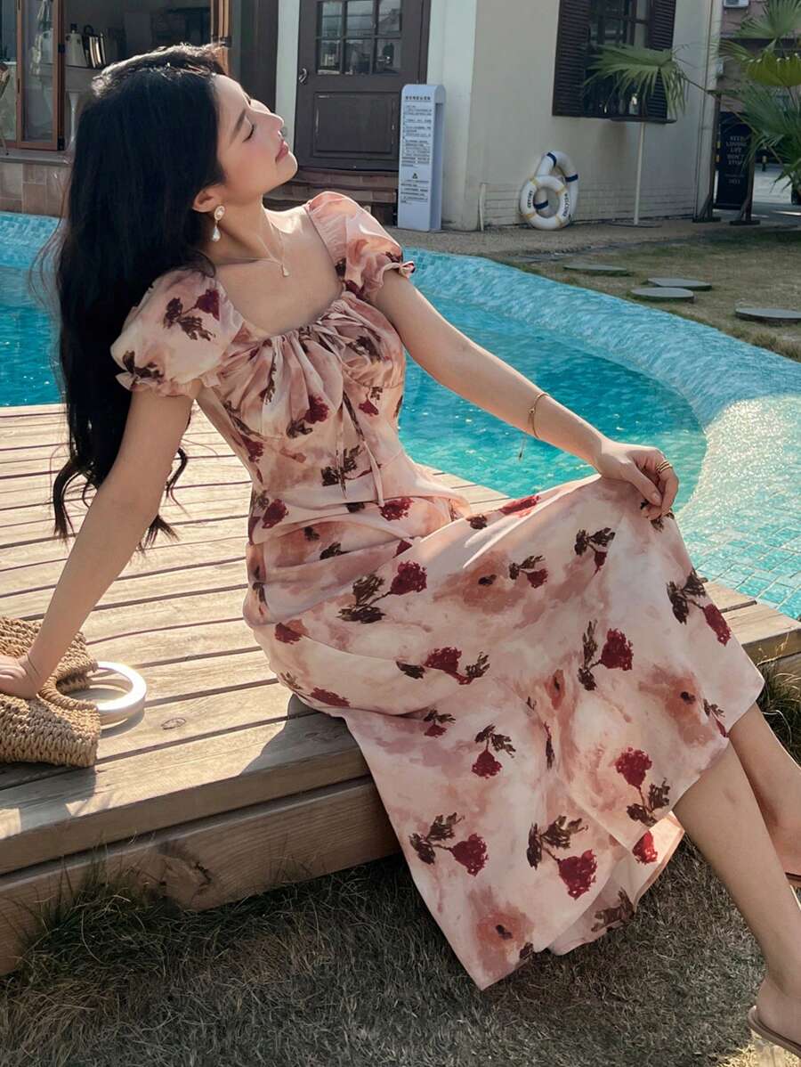 Midi floral wrap dress, milkmaid style, for women - Romantic and chic style