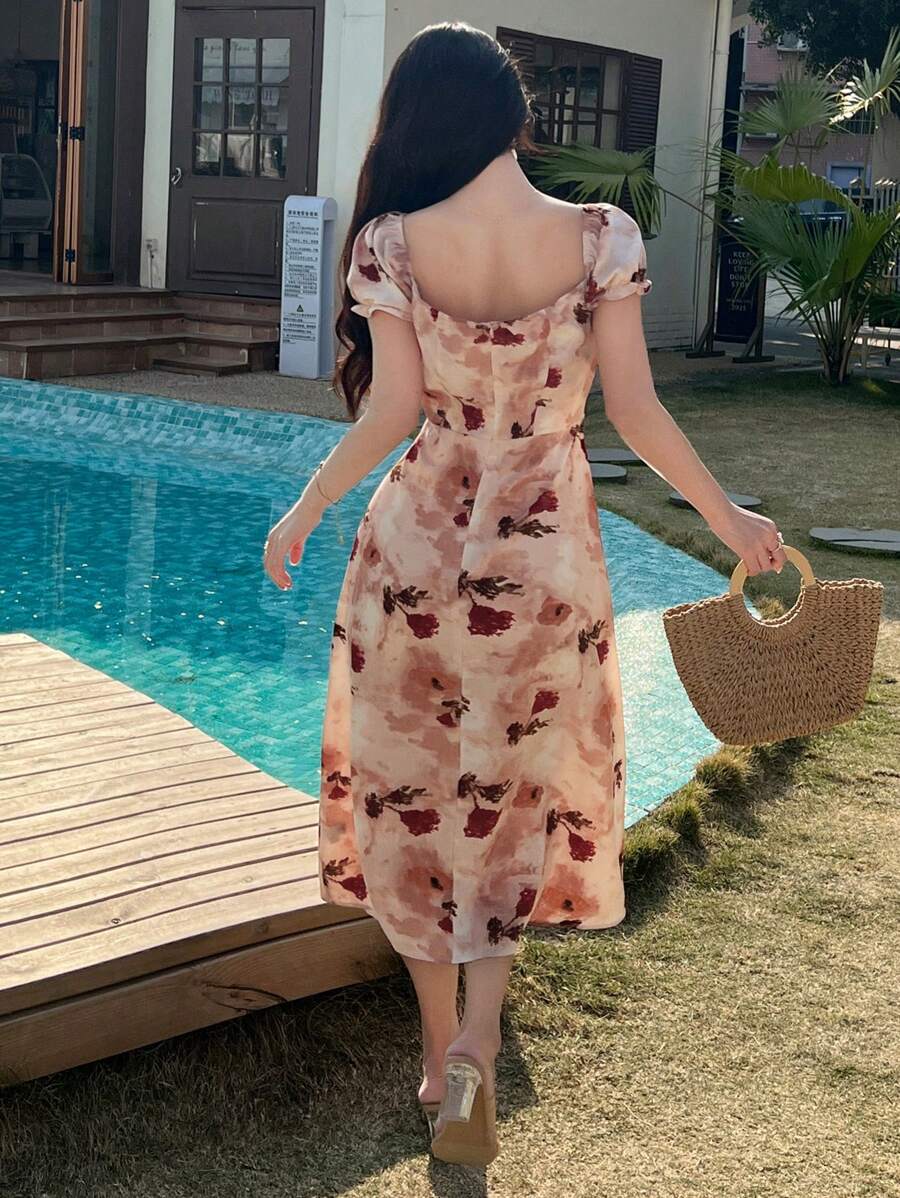 Midi floral wrap dress, milkmaid style, for women - Romantic and chic style