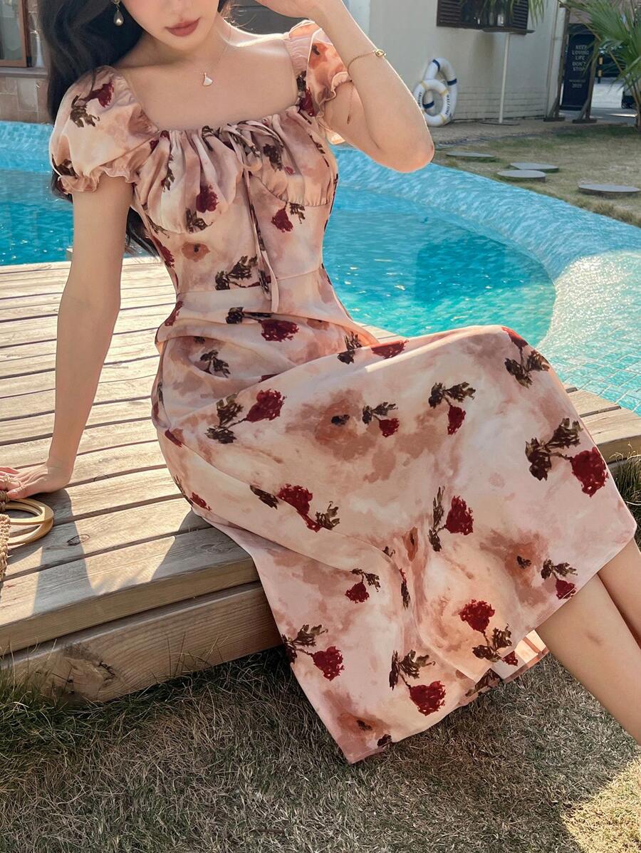 Midi floral wrap dress, milkmaid style, for women - Romantic and chic style