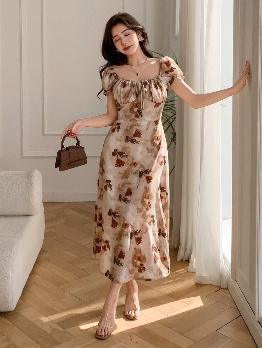 Midi floral wrap dress, milkmaid style, for women - Romantic and chic style