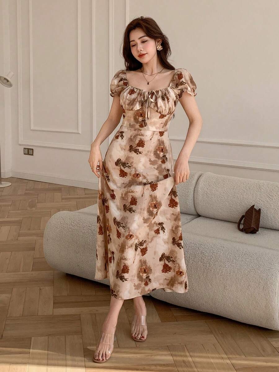 Midi floral wrap dress, milkmaid style, for women - Romantic and chic style