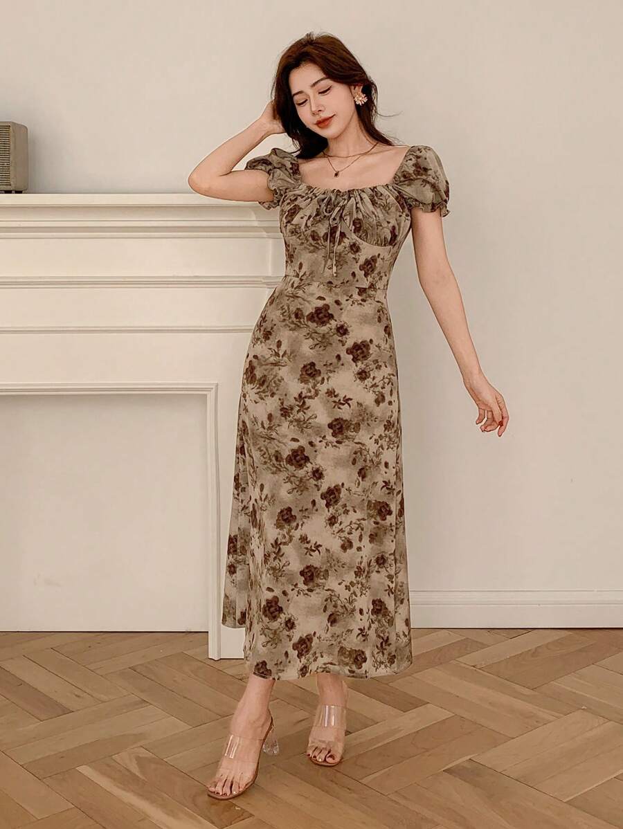 Midi floral wrap dress, milkmaid style, for women - Romantic and chic style