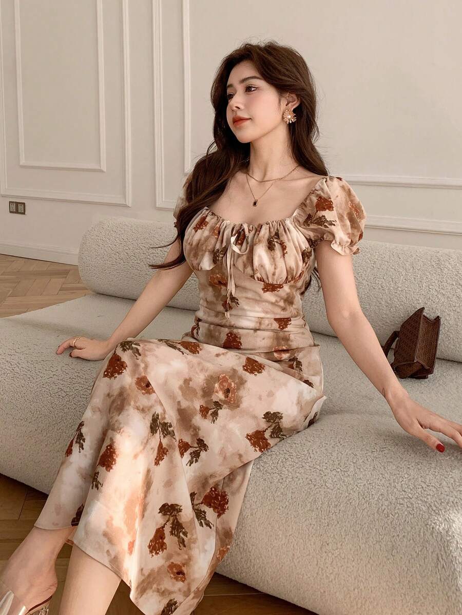 Midi floral wrap dress, milkmaid style, for women - Romantic and chic style