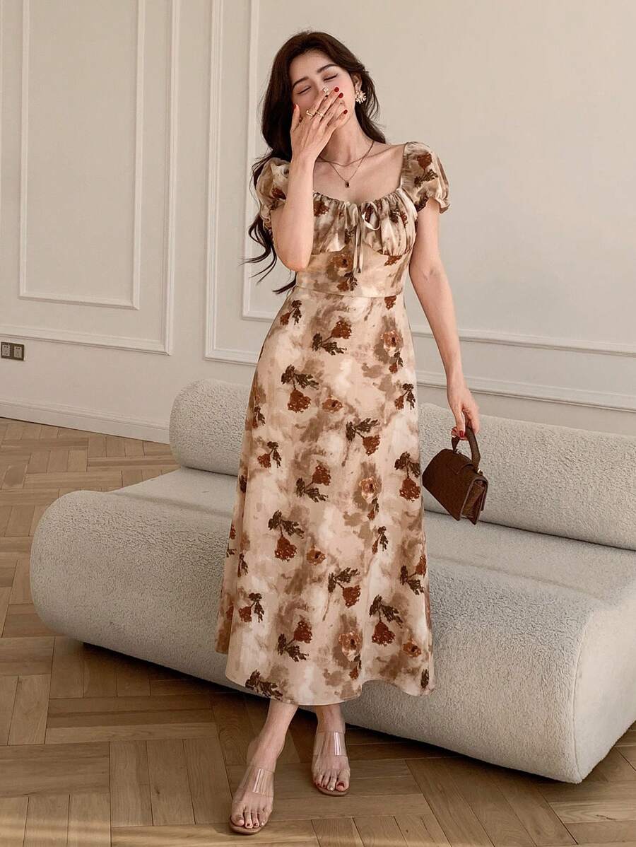 Midi floral wrap dress, milkmaid style, for women - Romantic and chic style