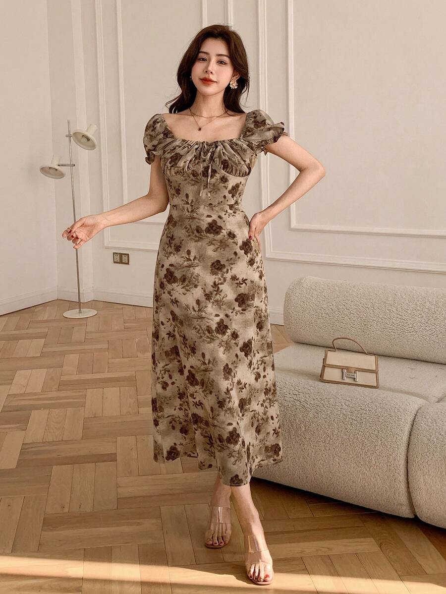Midi floral wrap dress, milkmaid style, for women - Romantic and chic style