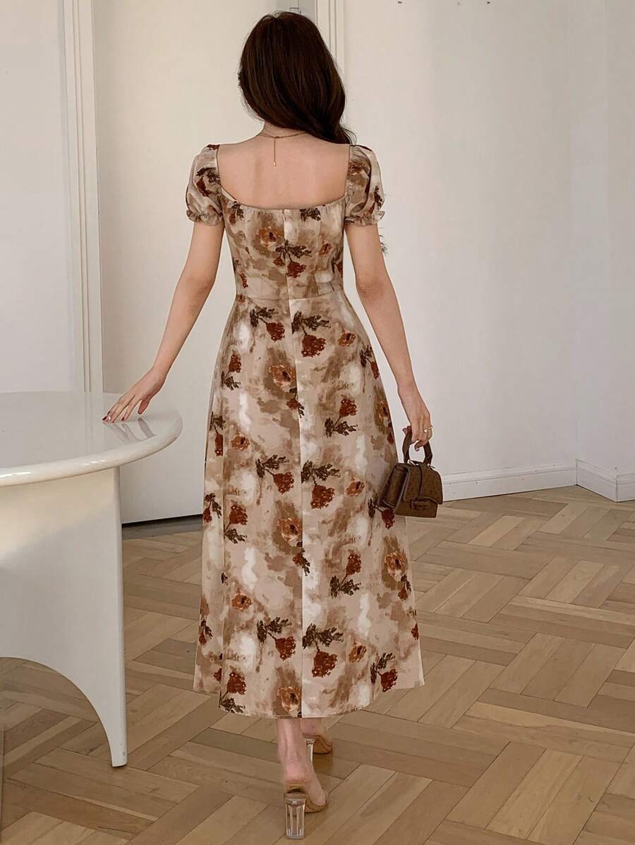 Midi floral wrap dress, milkmaid style, for women - Romantic and chic style