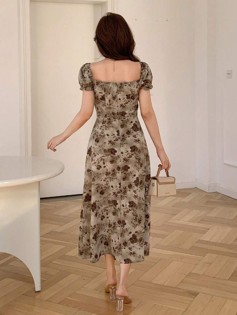 Midi floral wrap dress, milkmaid style, for women - Romantic and chic style