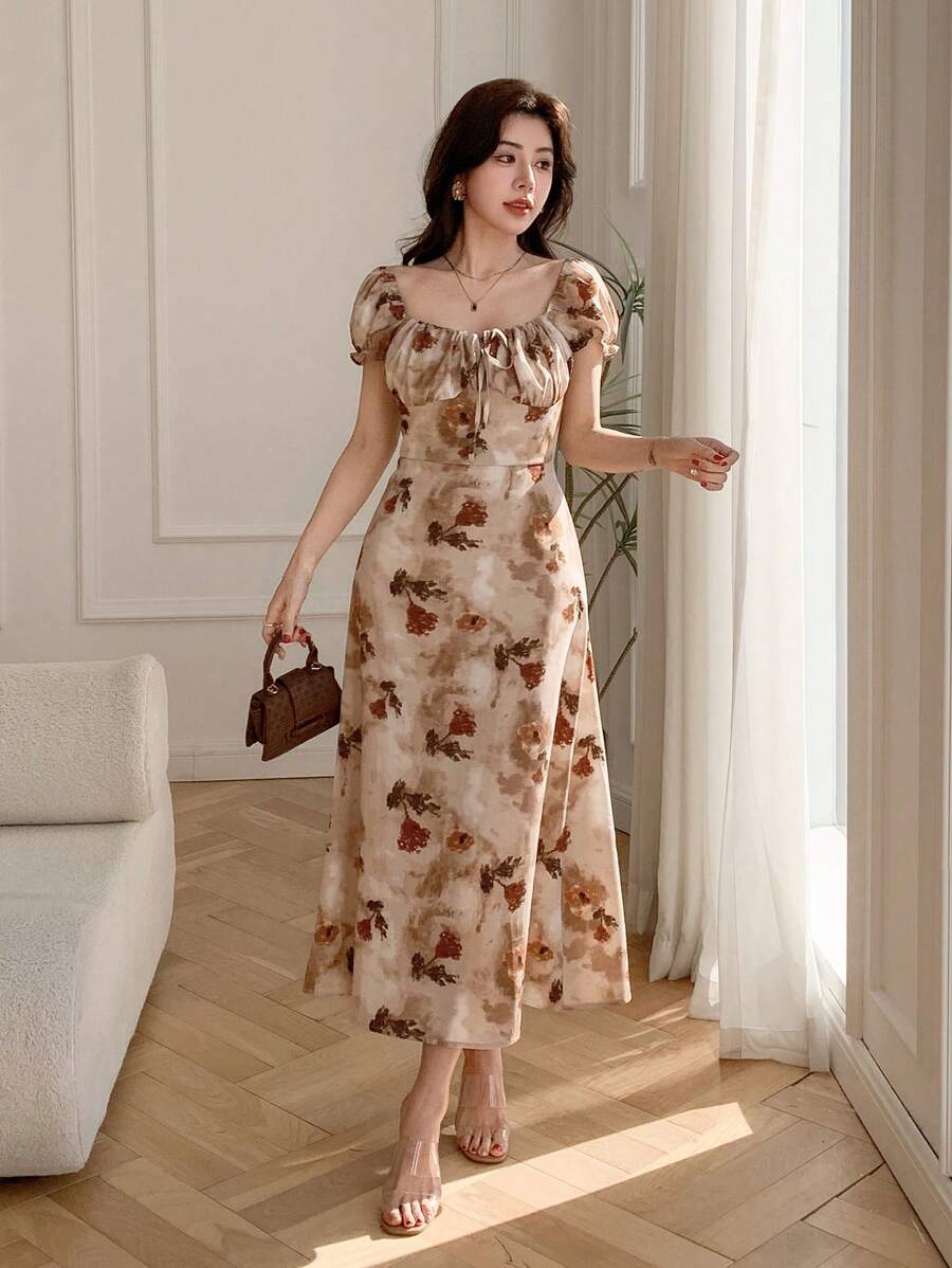 Midi floral wrap dress, milkmaid style, for women - Romantic and chic style