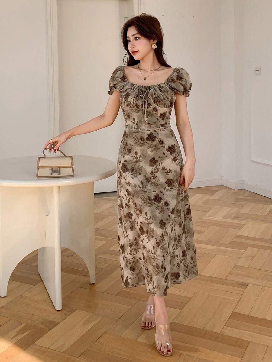 Midi floral wrap dress, milkmaid style, for women - Romantic and chic style