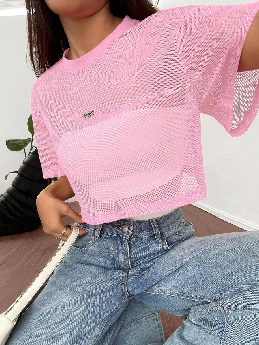 Loose transparent mesh top with short sleeves for women